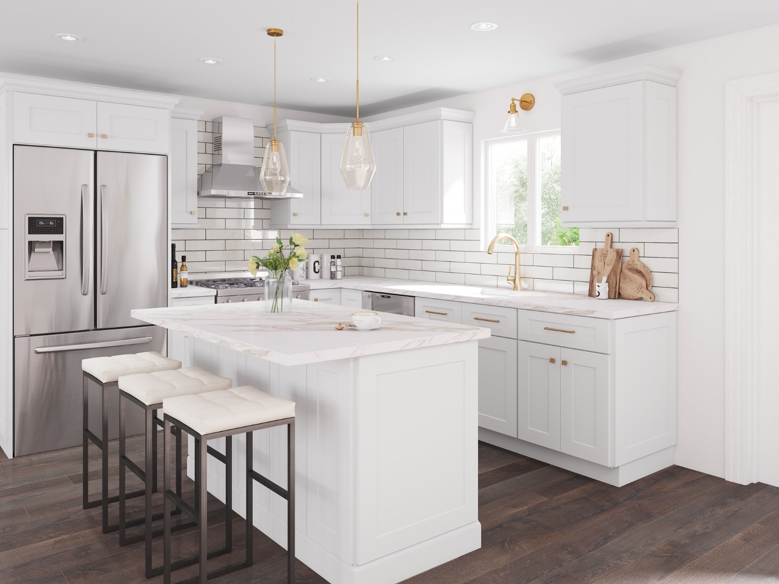 Shaker-style white cabinets