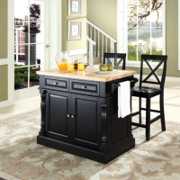Butcher Block Top Kitchen Island in Black Finish with 24" Black X-Back  Stools