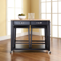 Natural Wood Top Kitchen Cart/Island in Black Finish With 24" Black Upholstered Saddle Stools