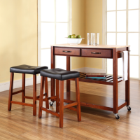 Natural Wood Top Kitchen Cart/Island in Classic Cherry Finish With 24" Cherry Upholstered Saddle Stools