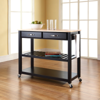 Natural Wood Top Kitchen Cart/Island With Optional Stool Storage in Black Finish
