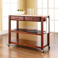 Natural Wood Top Kitchen Cart/Island With Optional Stool Storage in Classic Cherry Finish