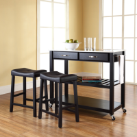 Stainless Steel Top Kitchen Cart/Island in Black Finish With 24" Black Upholstered Saddle Stools