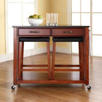 Solid Black Granite Top Kitchen Cart/Island in Classic Cherry Finish With 24" Cherry Upholstered Saddle Stools