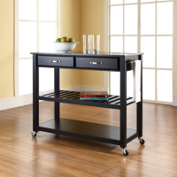 Solid Black Granite Top Kitchen Cart/Island With Optional Stool Storage in Black Finish