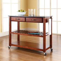 Solid Black Granite Top Kitchen Cart/Island With Optional Stool Storage in Classic Cherry Finish